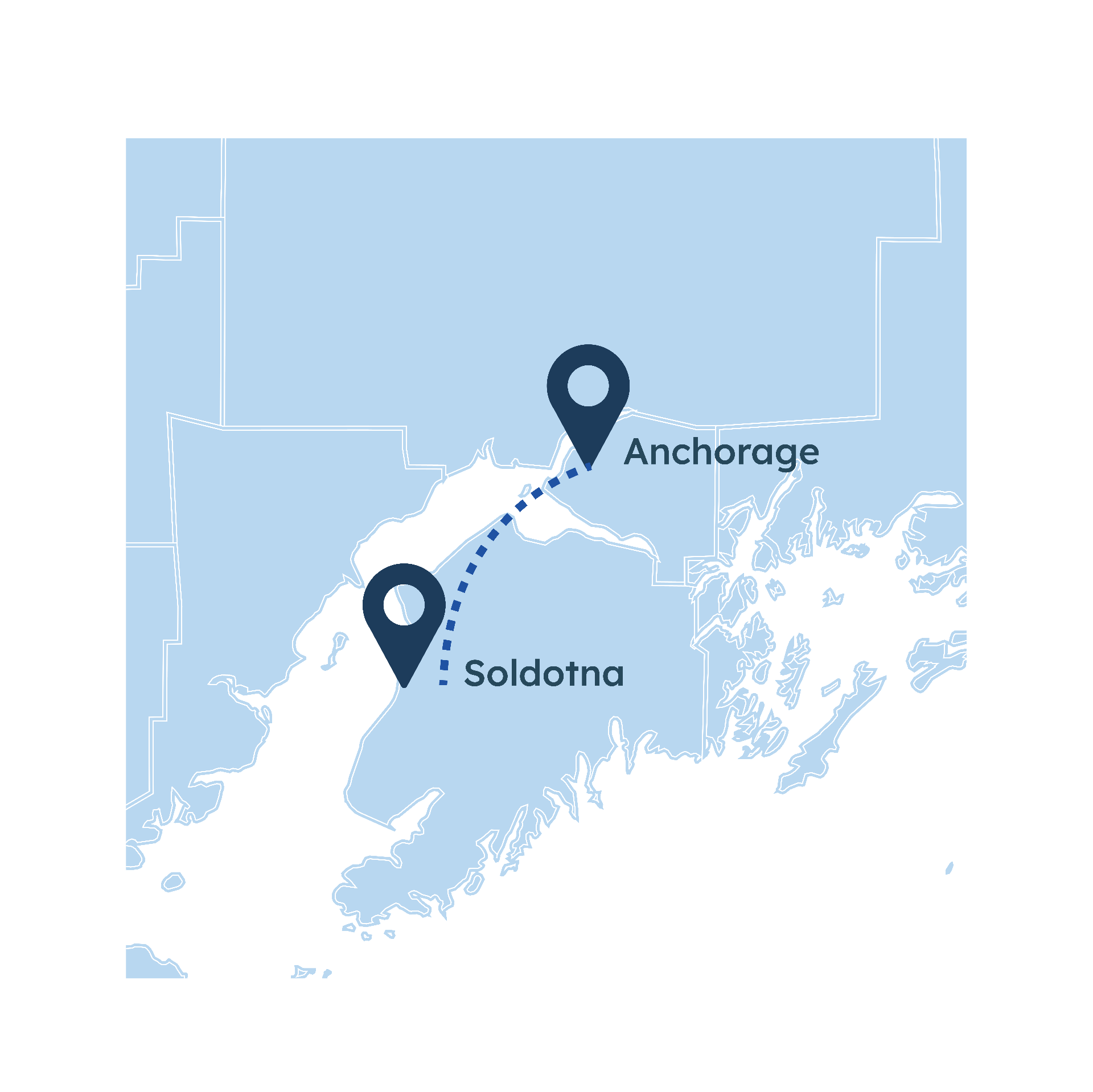 Map showing flight route from Anchorage to Soldotna